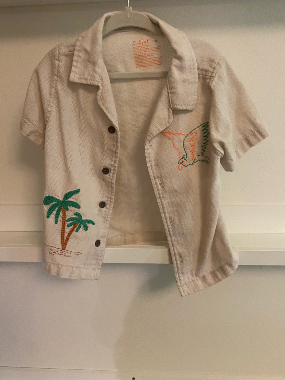 Cat & Jack Cream Short-Sleeve Button-Front Shirt with Palm & Bird Embroidery
